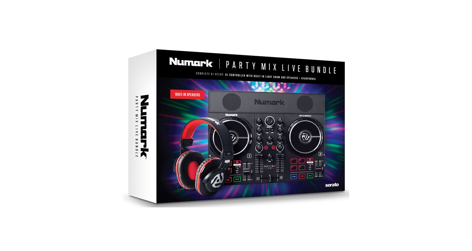 Numark Party Mix Live Bundle Controlador DJ con Interface de Audio, Show de Iluminación LED y Altavoces Integrados + auriculares HF175