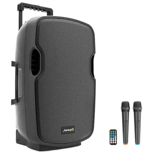 Audibax DENVER Combo PORT15 VHF Altavoz Trolley con ruedas PA Portátil 15’’ 250W con batería y 2 Micros