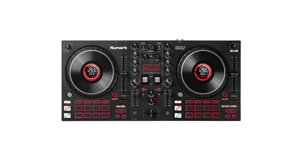 NUMARK Mixtrack Platinum FX Controlador DJ de 4 decks con Interface de Audio, Ruedas con Display y Pads de Efectos